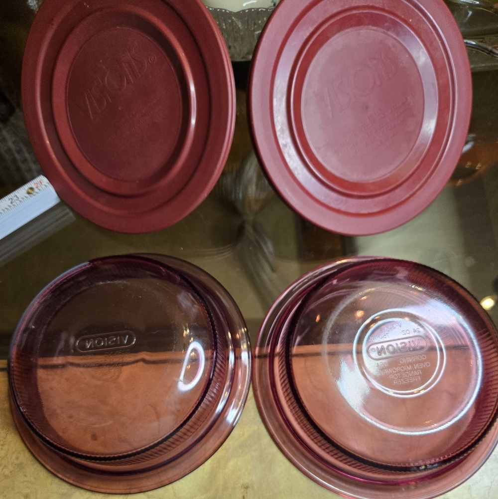 Corning Visions Set of Two Cranberry Glass 1 Quart Dishes With Lids